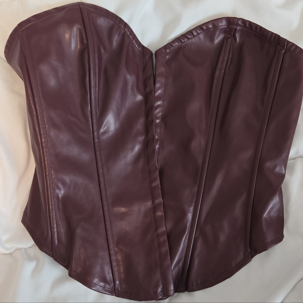 Brown/Burgundy Faux Leather Corset Top